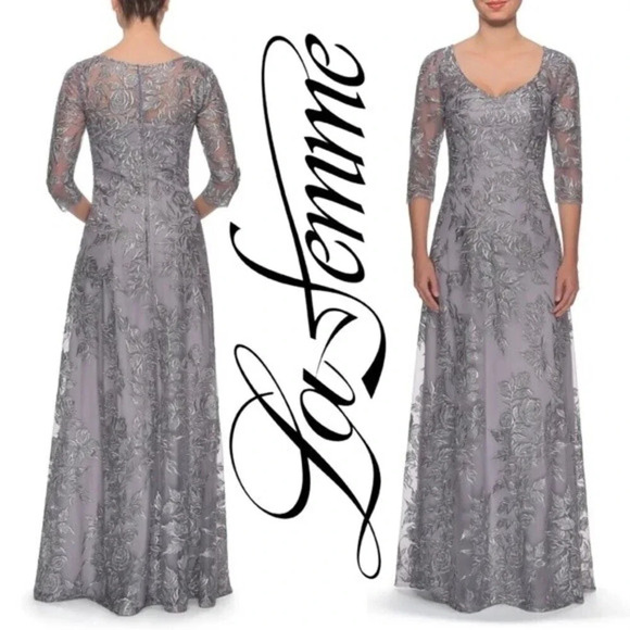 NEW La Femme Floral Embroidered Mesh A-Line Gown‎